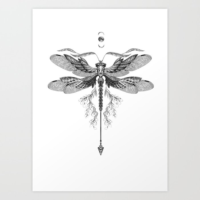 Dragon Fly Tattoo Black and White Art Print