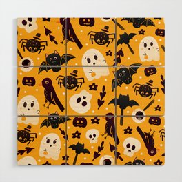 Colourful Orange Halloween Seamless Pattern with Cute Spider, Crow and Ghost Characters Wood Wall Art
