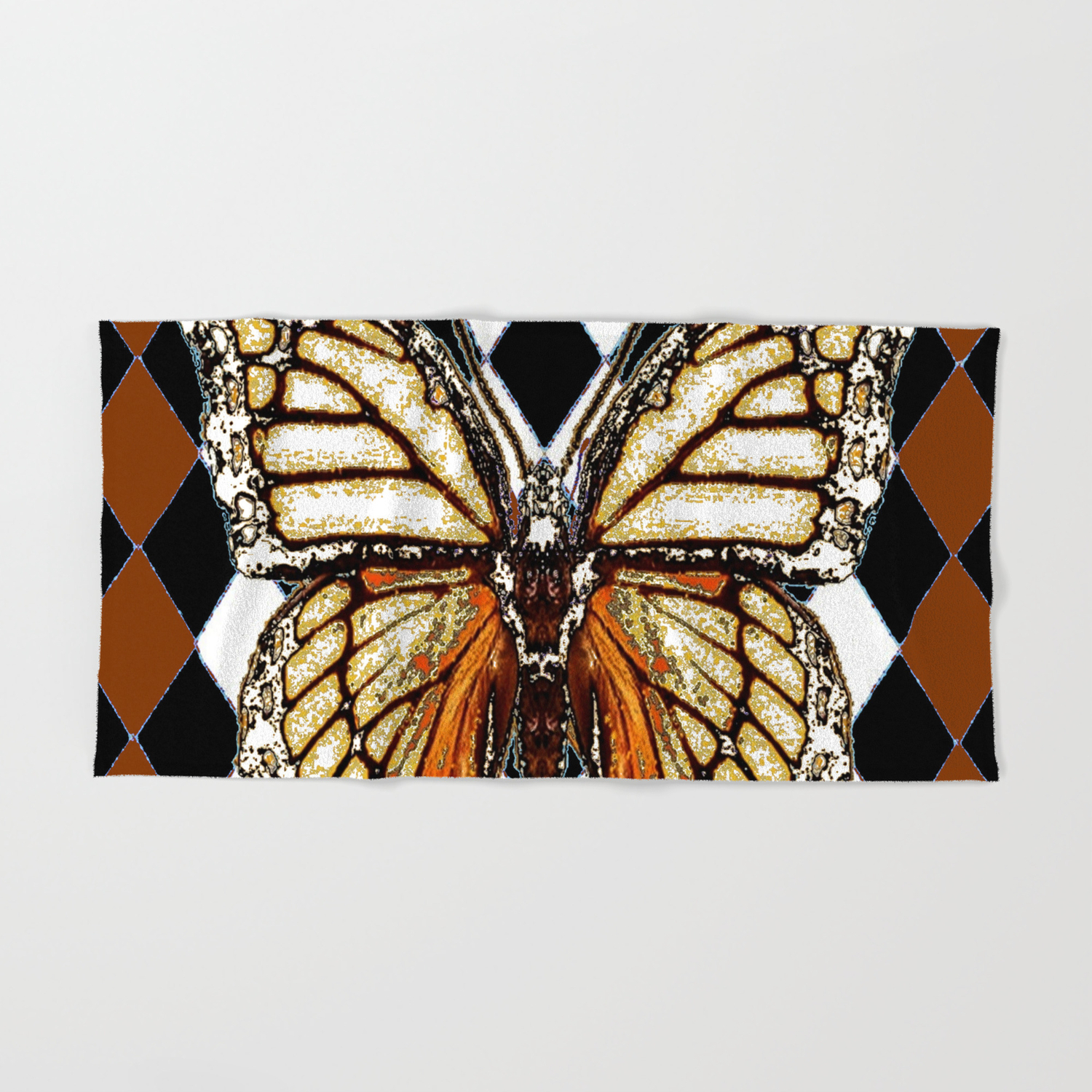 Black Harlequin Patterned Brown White Butterfly Hand Bath Towel