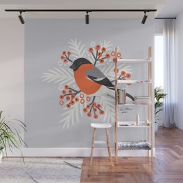 Red Winter Birds with Berries - Bullfinch & Rowan - Light Grey Background Wall Mural