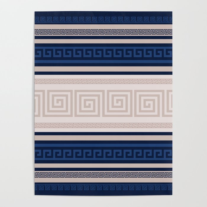 Greek Key - Meander - Blue and Beige Poster