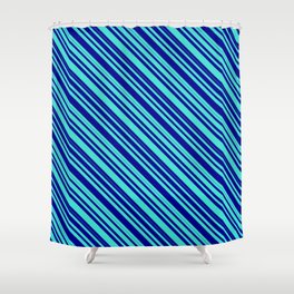 [ Thumbnail: Turquoise and Dark Blue Colored Lined/Striped Pattern Shower Curtain ]