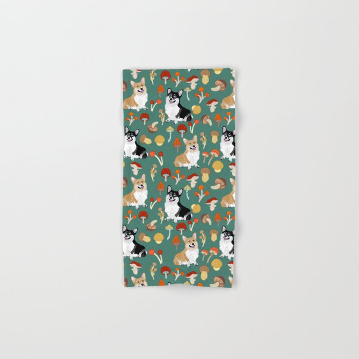 Happy Corgis In Fall Forest Searching For Mushrooms I - Teal  Hand & Bath Towel