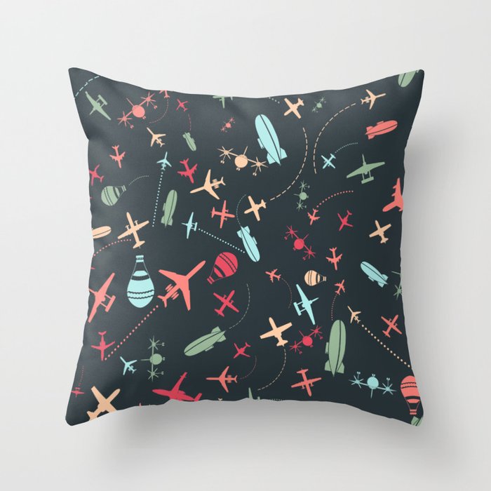 Black Airplane and Aviation Pattern Throw Pillow