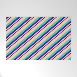 [ Thumbnail: Indigo, Tan, and Turquoise Colored Striped/Lined Pattern Welcome Mat ]