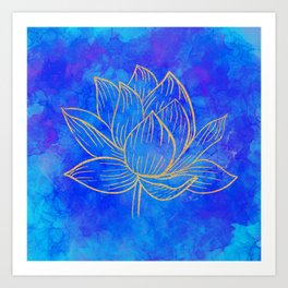 Gold Lotus Flower Illustration on Blue Watercolor Art Art Print
