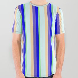 [ Thumbnail: Eye-catching Light Green, Blue, Slate Blue, Tan & Light Cyan Colored Striped/Lined Pattern All Over Graphic Tee ]
