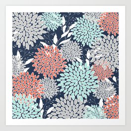Floral Prints and Leaves, Navy, Aqua Coral and Gray Art Print
