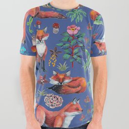 Fox Family in forest - BLUE All Over Graphic Tee