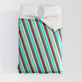[ Thumbnail: Vibrant Cyan, Pale Goldenrod, Dark Cyan, Dark Red & White Colored Striped Pattern Comforter ]