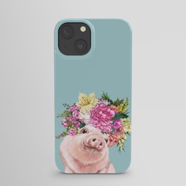 Flower Crown Baby Pig in Blue iPhone Case