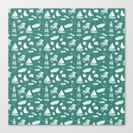 Green Blue And White Summer Beach Elements Pattern Canvas Print