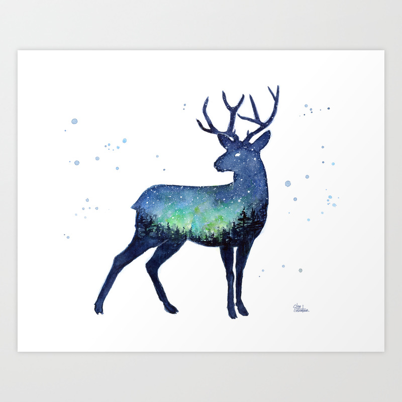 Galaxy Reindeer Silhouette With Northern Lights Art Print By Olechka Society6