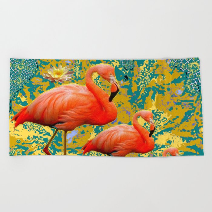 Modern Teal Art Saffron Flamingos  Water Lilies Beach Towel