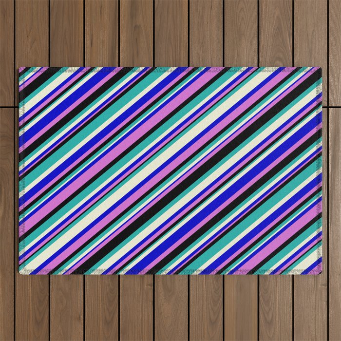 Blue, Orchid, Black, Light Sea Green & Beige Colored Pattern of Stripes Outdoor Rug