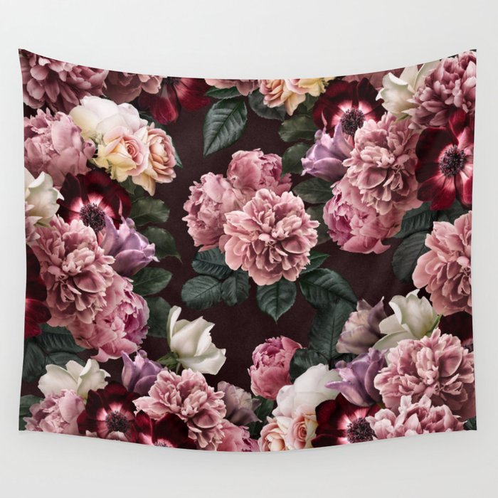 Vintage bouquets of pink lush peonies, purple tulips, roses and dark red anemones. Wall Tapestry
