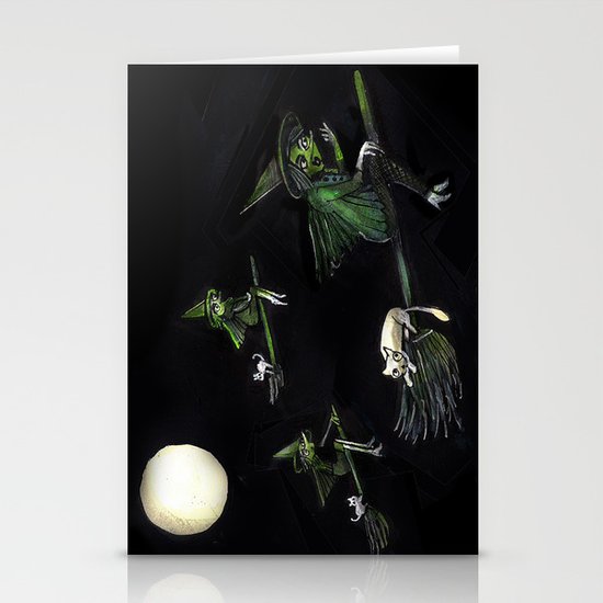 Three Witches on Brooms with the Moon. Stationery Cards