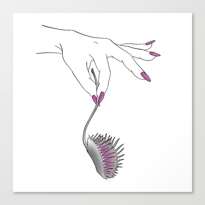 Hand and Purple Venus Fly Trap Line Art Canvas Print
