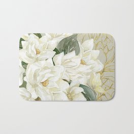 Elegant Magnolias – with a Touch of Gold Bath Mat | Floral, Magnolia, Painting, Flower, Line Art, White, Watercolor, Bouquet, Elegance, Gold 