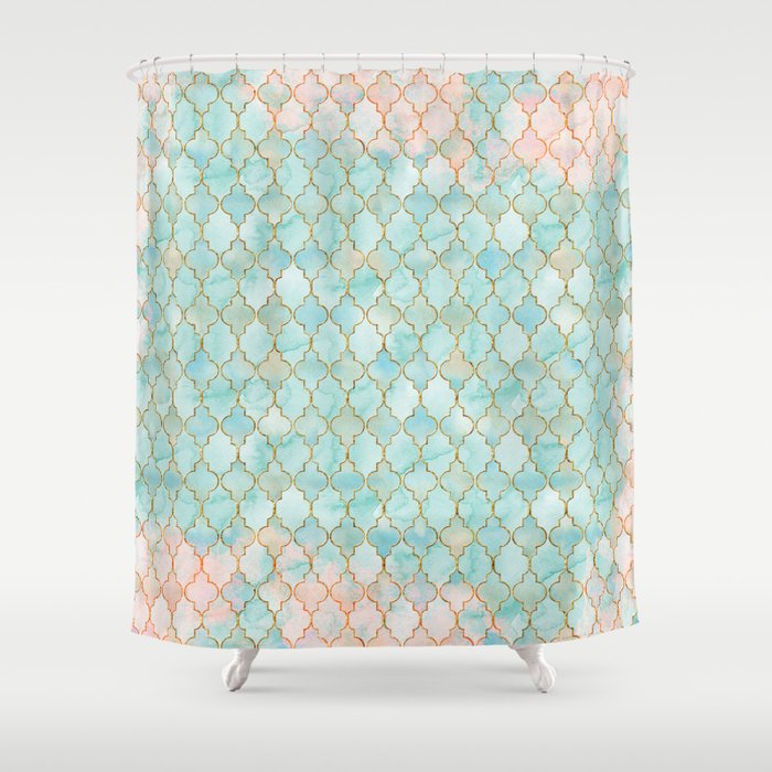 Luxury Aqua And Pink And Gold Oriental Pattern Shower Curtain By