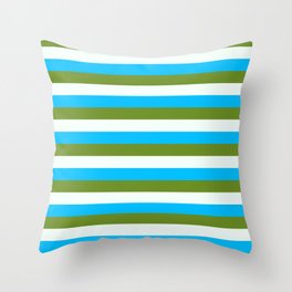 [ Thumbnail: Deep Sky Blue, Green, and Mint Cream Colored Striped/Lined Pattern Throw Pillow ]