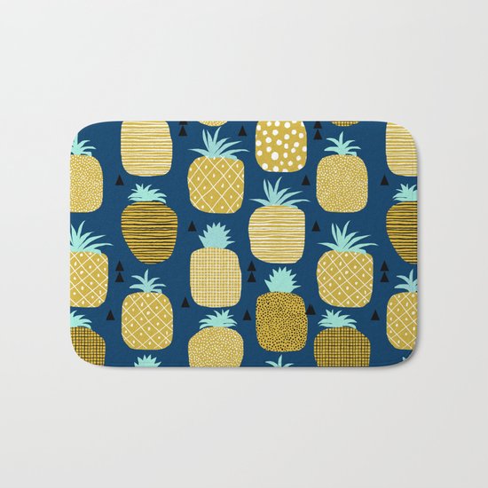 Pineapple tropical navy stripes pattern summer fruits print pillow phone case Bath Mat