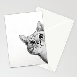 sneaky cat Stationery Cards | Black and White, Digital, Peeking, Cute, Design, Popart, Drawing, Curated, Cat, Animal 