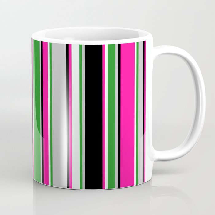 Eyecatching Grey, Forest Green, Mint Cream, Deep Pink, and Black Colored Pattern of Stripes Coffee Mug