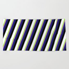[ Thumbnail: Eyecatching Chartreuse, Orchid, Midnight Blue, Black, and White Colored Lines/Stripes Pattern Beach Towel ]