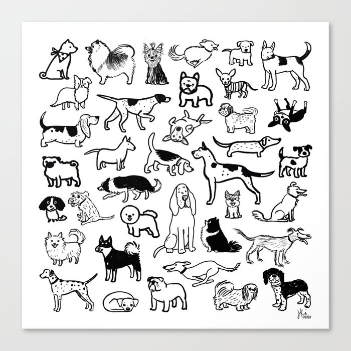 Black and White Dog Drawings | Cute Dog Breeds Pattern Canvas Print