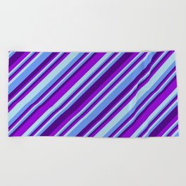 [ Thumbnail: Indigo, Dark Violet, Light Blue & Cornflower Blue Colored Lined Pattern Beach Towel ]