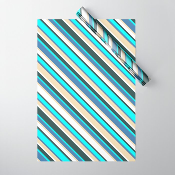 Eye-catching Blue, Tan, White, Dark Slate Gray, and Cyan Colored Lined/Striped Pattern Wrapping Paper