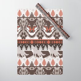 Fair isle knitting grey wolf // oak and taupe brown wolves orange moons and pine trees Wrapping Paper