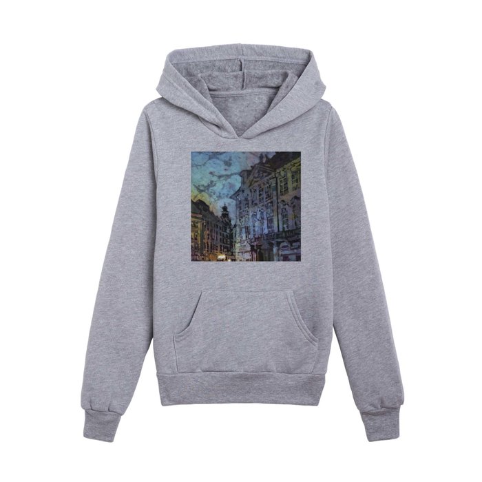 Prague street scene at twilight- watercolor batik painting of city of Prague, Czech Republic. Kids Pullover Hoodie