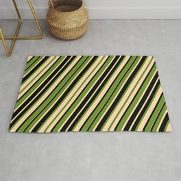 [ Thumbnail: Green, Tan & Black Colored Stripes/Lines Pattern Rug ]