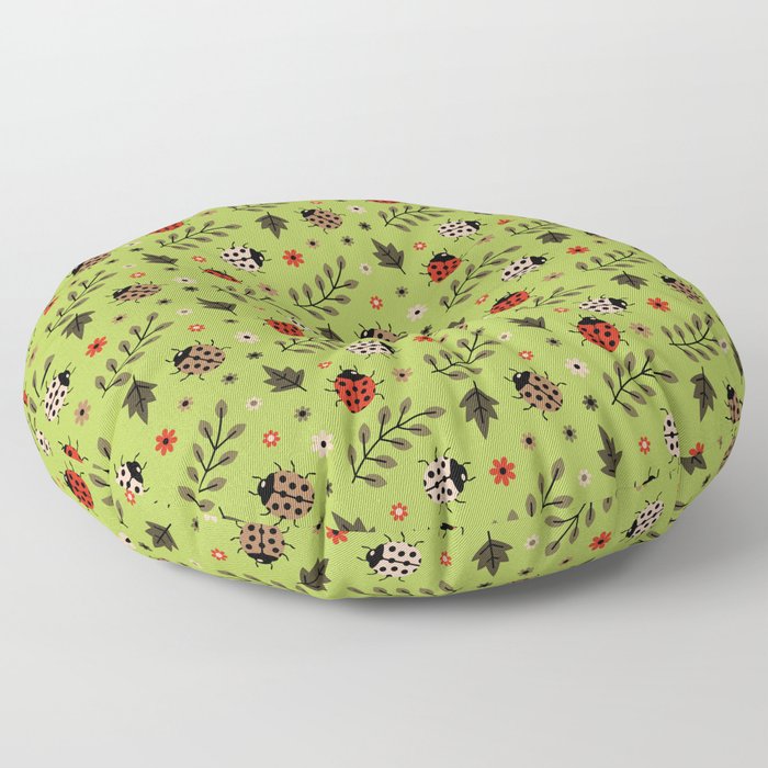 Ladybug and Floral Seamless Pattern on Light Green Background Floor Pillow