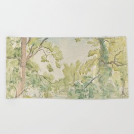 A-wooded-landscape-with-pool-or-river by Philip Wilson Steer Beach Towel