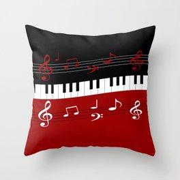Stylish red. black and white piano keys and musical notes Throw Pillow