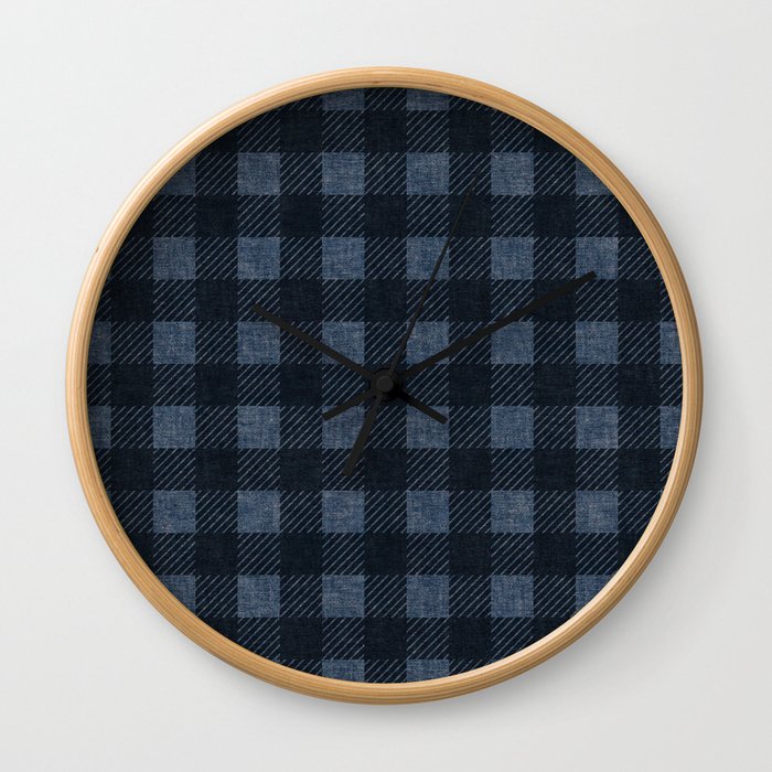 Checkered Christmas Plaid, Faux Linen, Navy Blue Wall Clock
