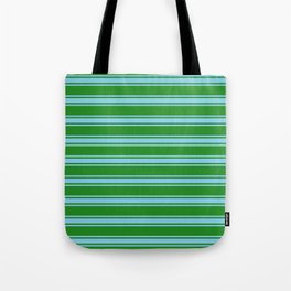 [ Thumbnail: Forest Green and Sky Blue Colored Lined/Striped Pattern Tote Bag ]