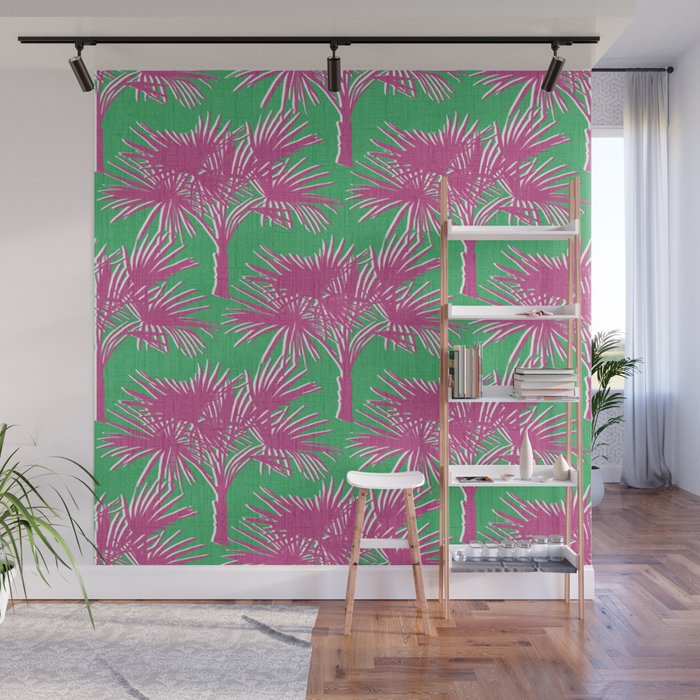 Retro Palm Trees Hot Pink and Kelly Green Wall Mural