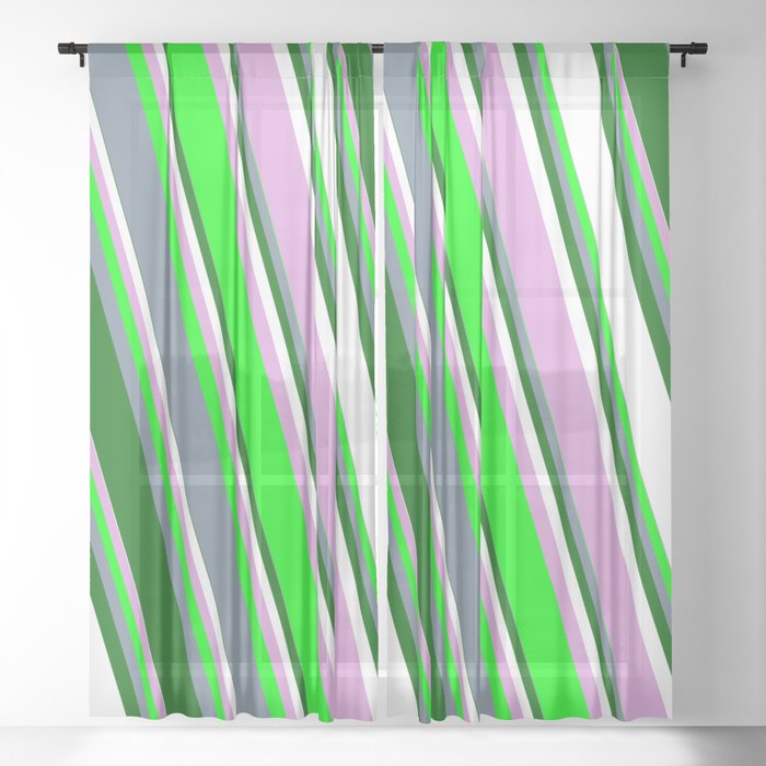 Vibrant Plum, Lime, Light Slate Gray, Dark Green & White Colored Lines/Stripes Pattern Sheer Curtain