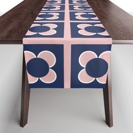 Scandi Flower Minimalist Mid Century Floral Pattern in Pink, White, and Navy Blue Table Runner