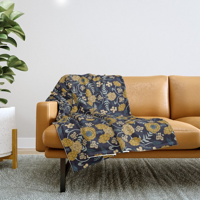 Navy Blue, Turquoise, Cream & Mustard Yellow Dark Floral Pattern Throw Blanket