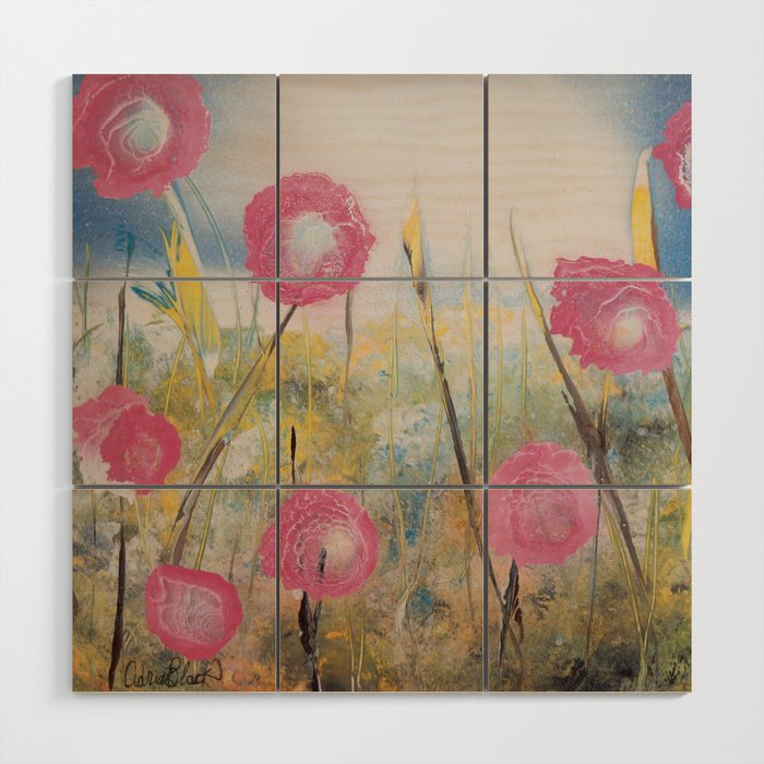 Pink And White Flowers Spray Paint Art Wood Wall Art By
