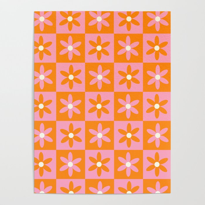 Pink and Orange Flower Checker Pattern Poster