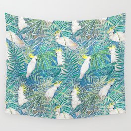 cockatoos playing around in a tropical garden watercolor Wall Tapestry