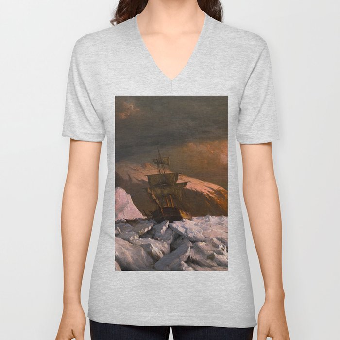 Ship trapped in Pack Ice by William Bradford - Hudson River School Vintage Painting V Neck T Shirt