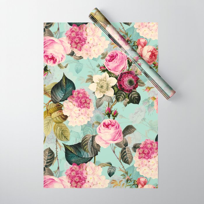 Vintage & Shabby Chic - Summer Teal Roses Flower Garden Wrapping Paper by  Vintage Love