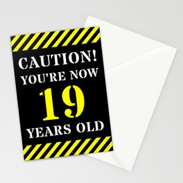[ Thumbnail: 19th Birthday - Warning Stripes and Stencil Style Text Stationery Cards ]